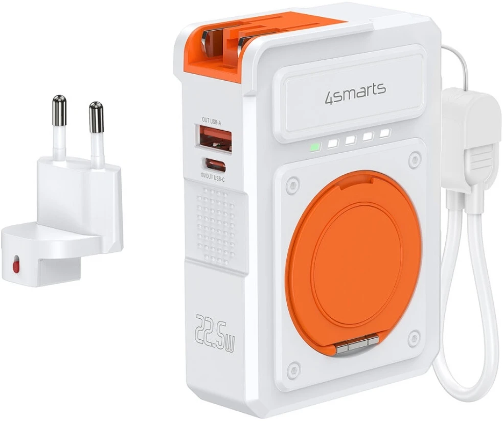 Hibridinis įkroviklis „4smarts 6-in-1 USB-C/USB-A PD 22,5 W“ su 10 000 mAh išorine baterija, „Qi“ belaidžiu įkrovimu,