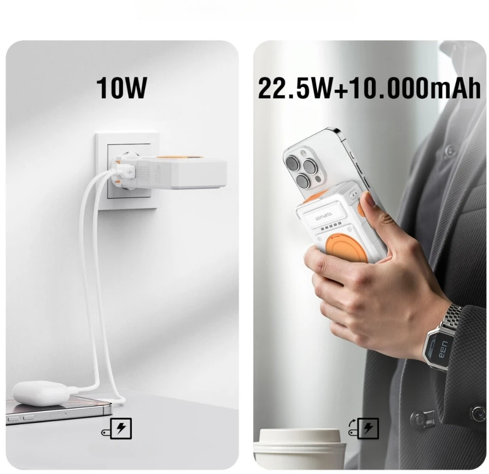 Hibridinis įkroviklis „4smarts 6-in-1 USB-C/USB-A PD 22,5 W“ su 10 000 mAh išorine baterija, „Qi“ belaidžiu įkrovimu,