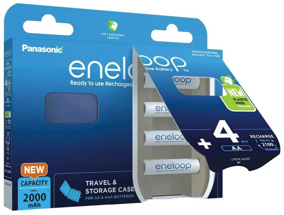 Įkraunamos baterijos PANASONIC ENELOOP AA 2000 mAh 4 vnt + langelis (BK-3MCDE/4CP+CASE)