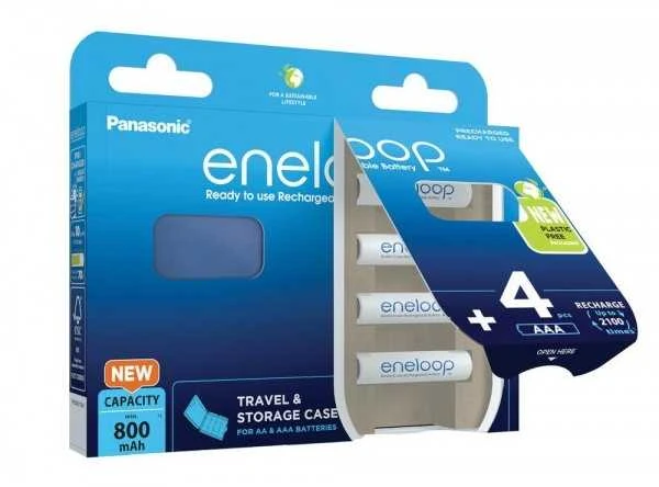 Įkraunamos baterijos PANASONIC ENELOOP AAA 800 mAh 4 vnt + langelis (BK-4MCDE/4CP+CASE)