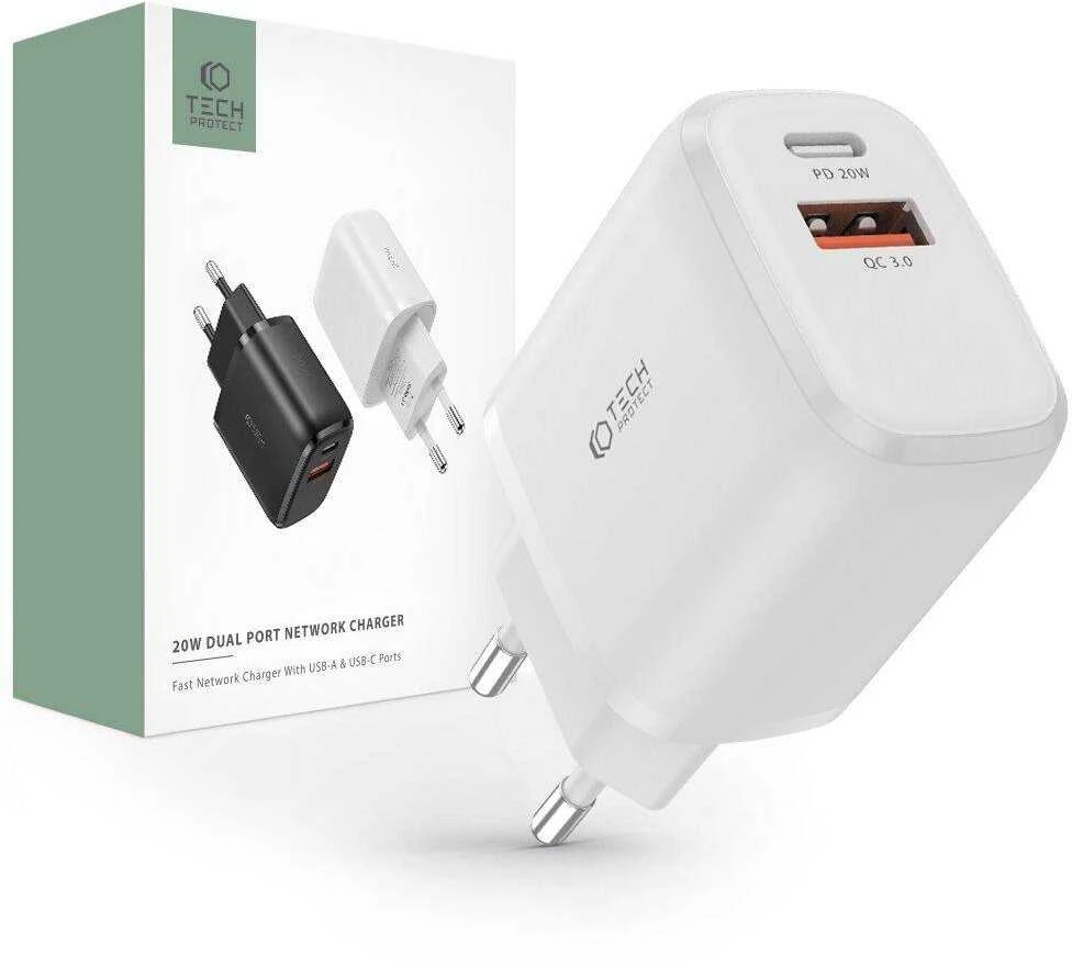 Įkroviklis 20W USB QC3.0 + USB-C PD Tech-Protect C20W baltos spalvos