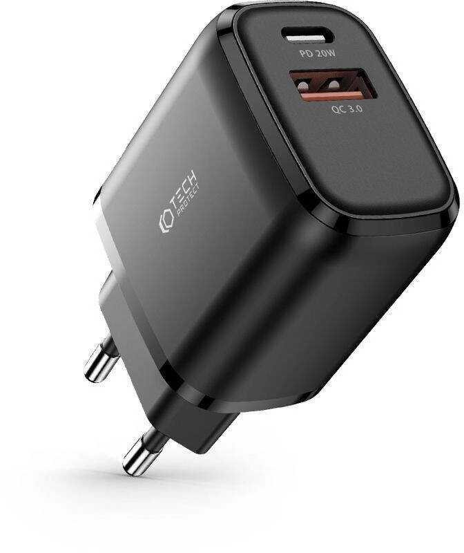 Įkroviklis 20W USB QC3.0 + USB-C PD Tech-Protect C20W juodos spalvos