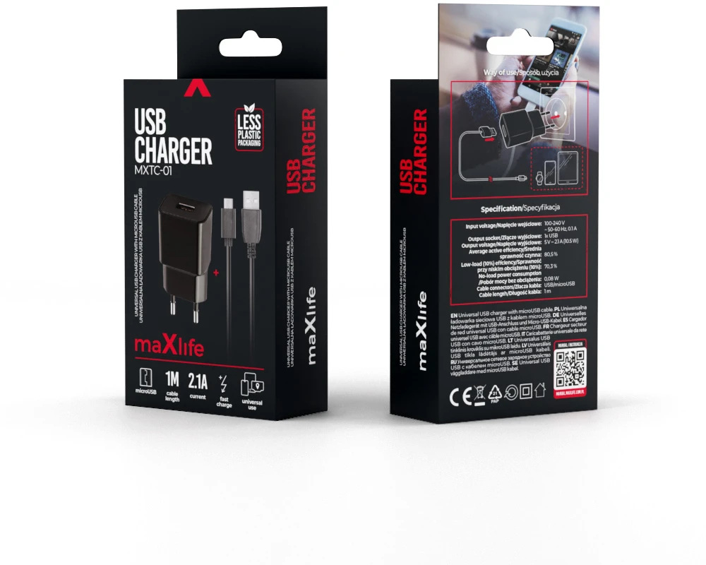 Maxlife MXTC-01 įkroviklis 1x USB 2.1A juodas + microUSB laidas