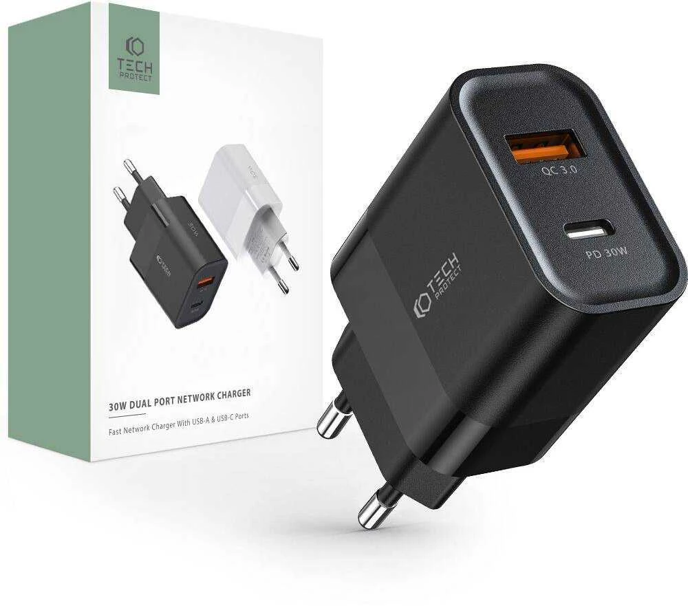 Įkroviklis 30W USB QC3.0 + USB-C PD Tech-Protect C30W juodos spalvos