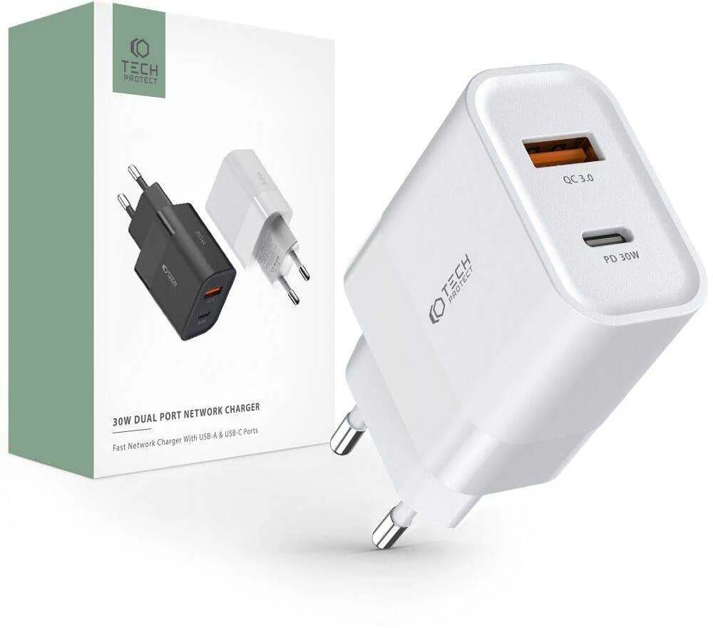 Įkroviklis 30W USB QC3.0 + USB-C PD Tech-Protect C30W baltos spalvos
