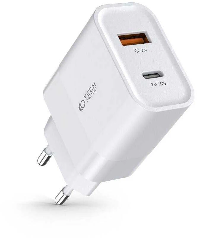 Įkroviklis 30W USB QC3.0 + USB-C PD Tech-Protect C30W baltos spalvos