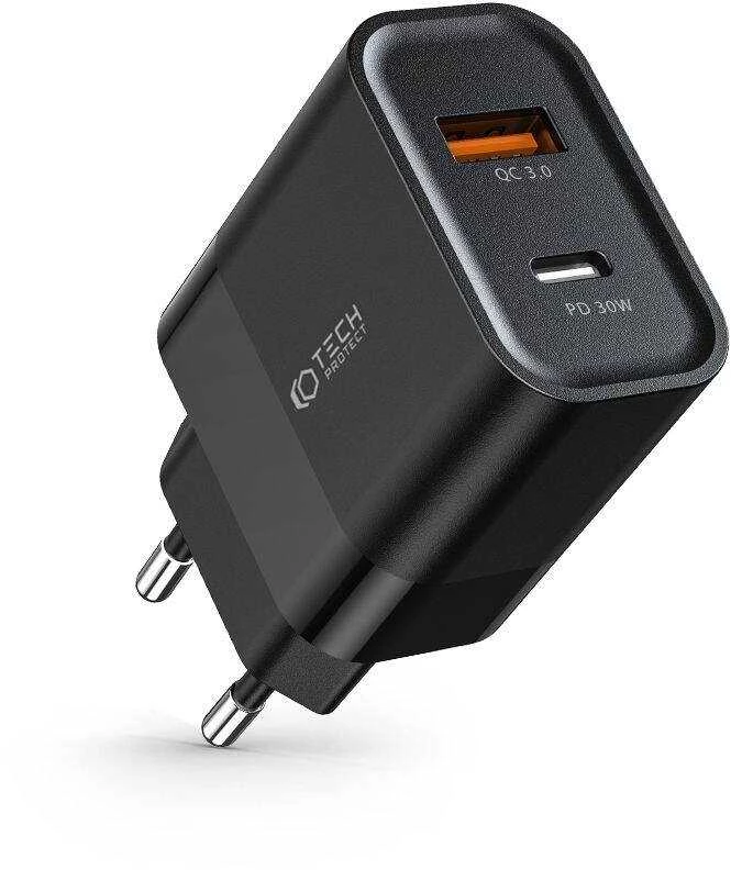 Įkroviklis 30W USB QC3.0 + USB-C PD Tech-Protect C30W juodos spalvos