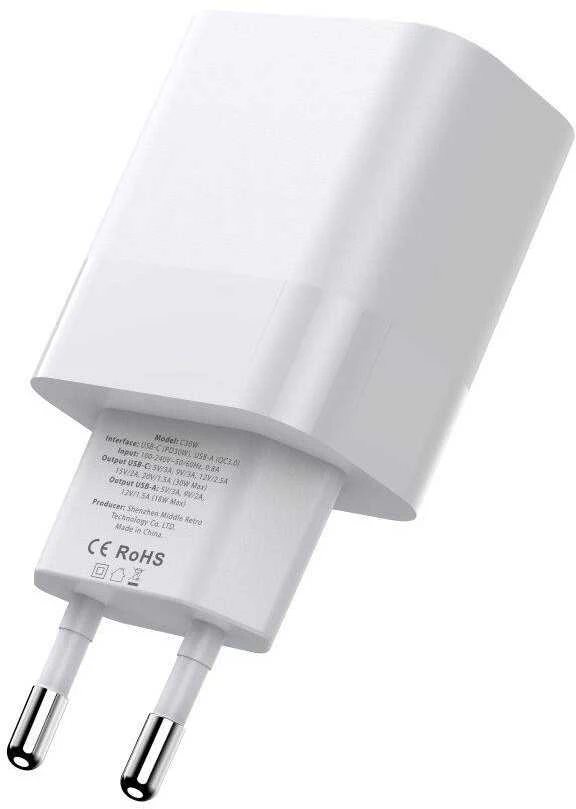 Įkroviklis 30W USB QC3.0 + USB-C PD Tech-Protect C30W baltos spalvos