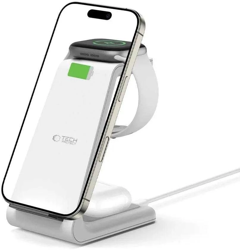 Įkrovimo stotelė Tech-Protect QI15W-A36 3in1 skirta Apple – baltos spalvos