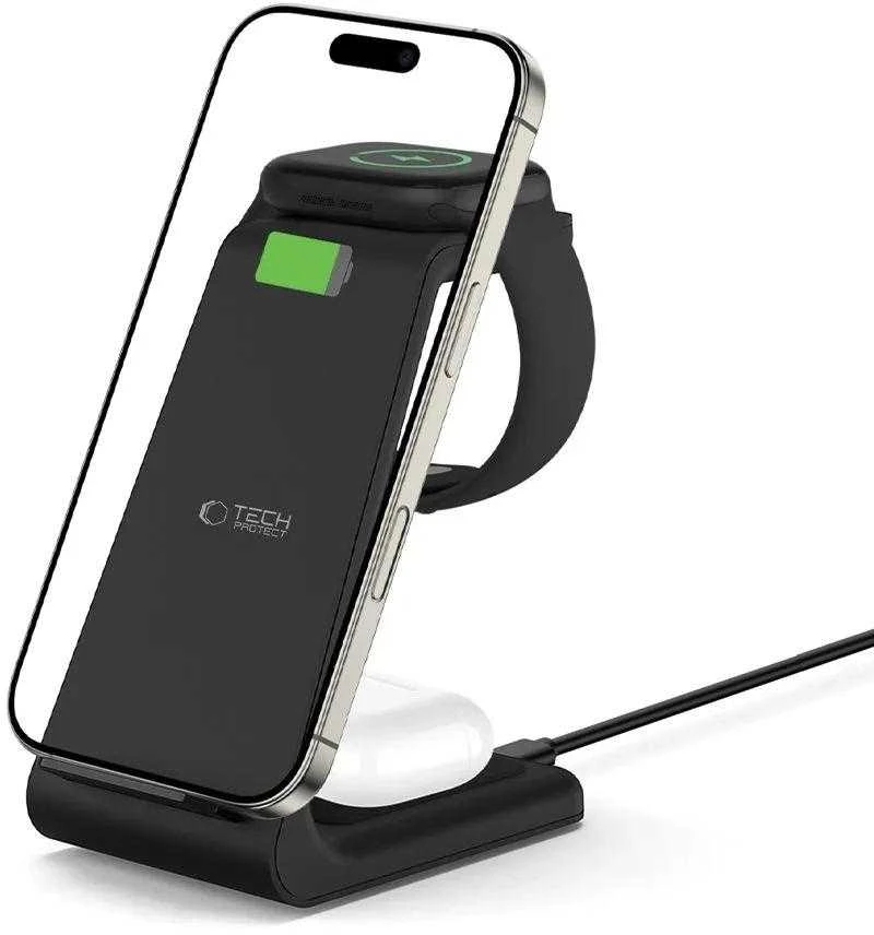 Įkrovimo stotelė Tech-Protect QI15W-A36 3in1 skirta Apple – juodos spalvos
