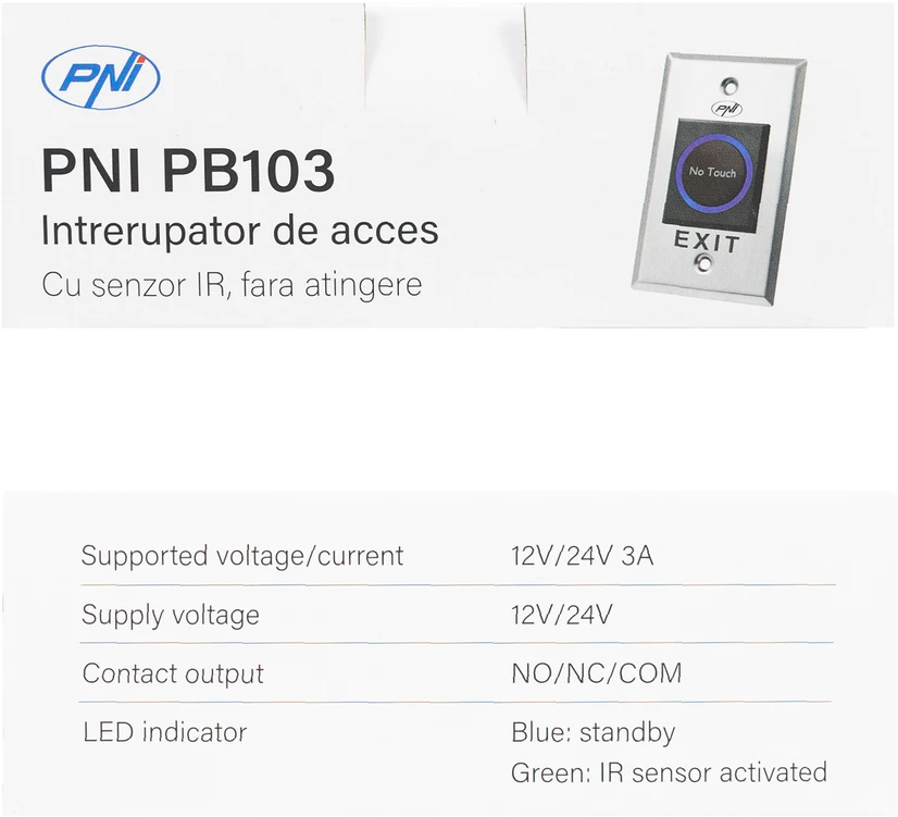 Įleidžiamas praėjimo jungiklis PNI PB103, bekontaktis, NO/NC/COM, 12V/24V DC, būsenos LED, metalinis, 5 laidai