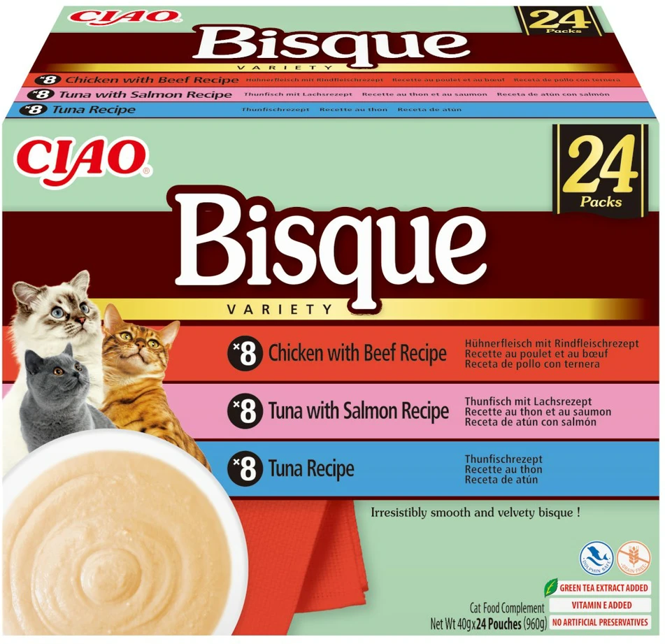 INABA Ciao Bisque Creamy soup with tuna, vištiena, jautiena and lašiša – skanėstas katėms – 24x40g