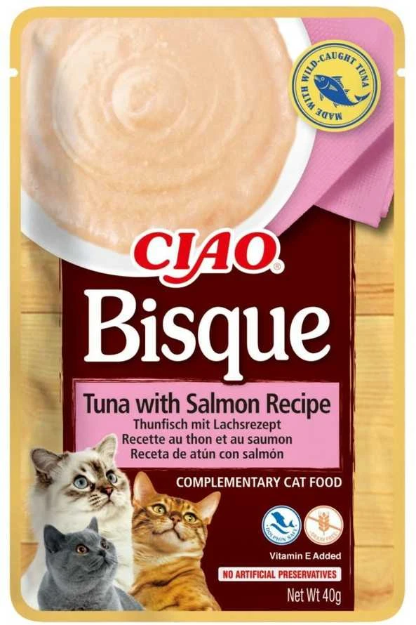 INABA Ciao Bisque Creamy soup with tuna, vištiena, jautiena and lašiša – skanėstas katėms – 24x40g