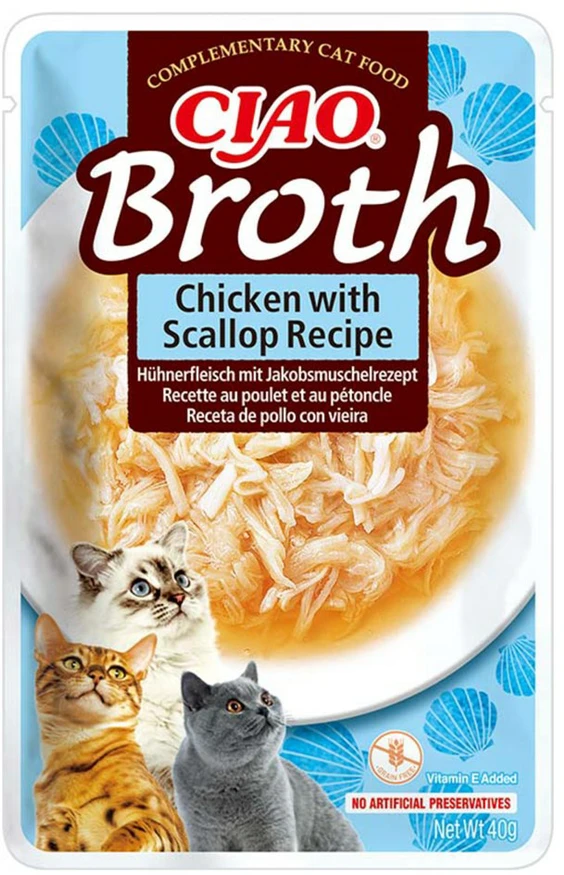 INABA Ciao Broth with vištiena, lašiša, tuna and scallop – skanėstas katėms – 10x40g