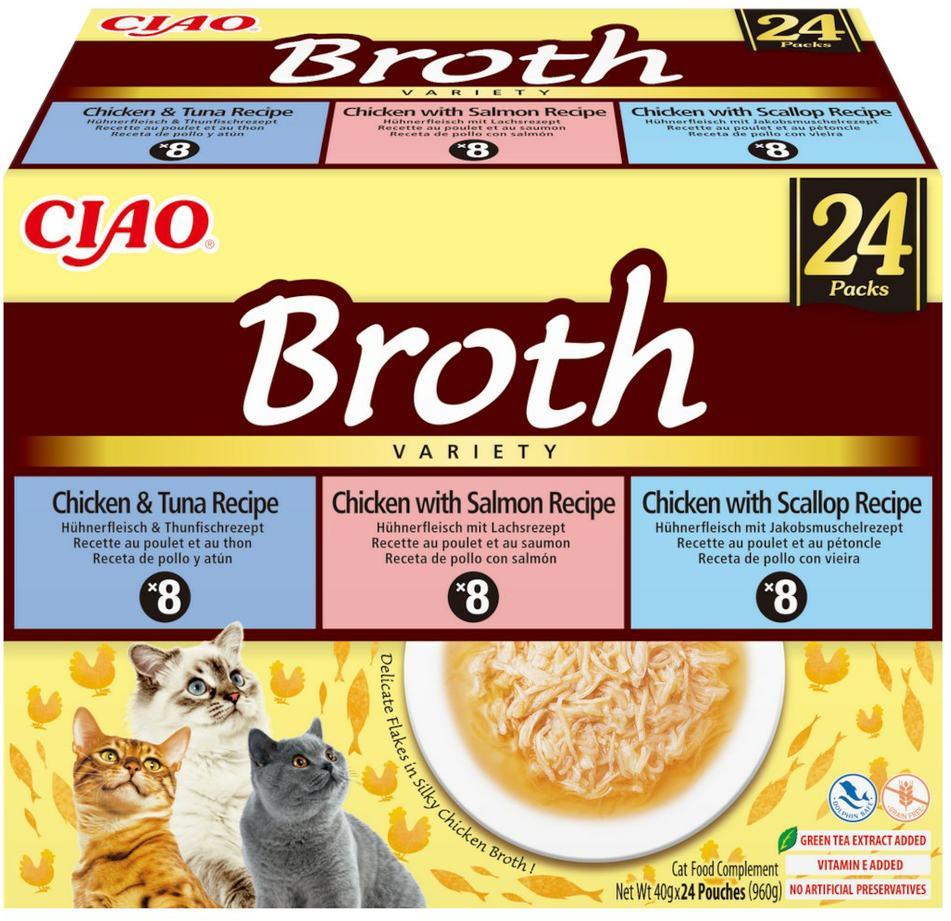 INABA Ciao Broth with vištiena, lašiša, tuna and scallop – skanėstas katėms – 24x40g