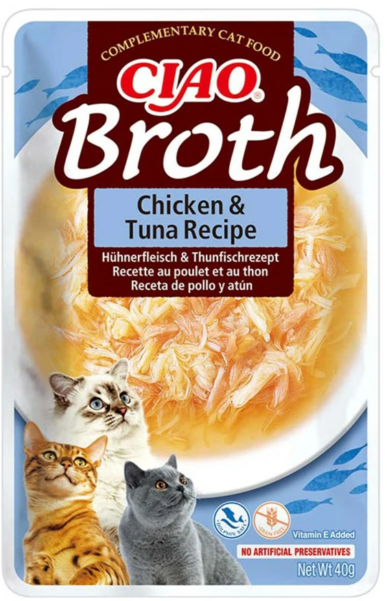 INABA Ciao Broth with vištiena, lašiša, tuna and scallop – skanėstas katėms – 10x40g