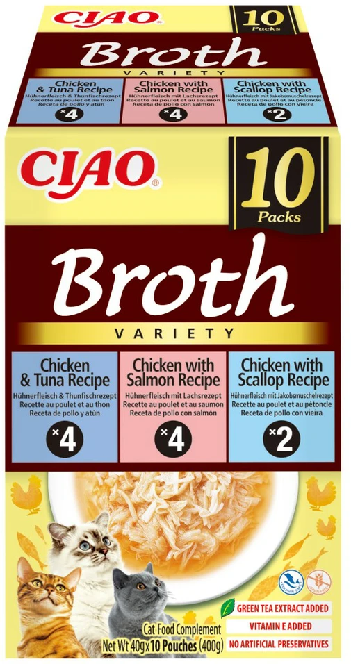 INABA Ciao Broth with vištiena, lašiša, tuna and scallop – skanėstas katėms – 10x40g