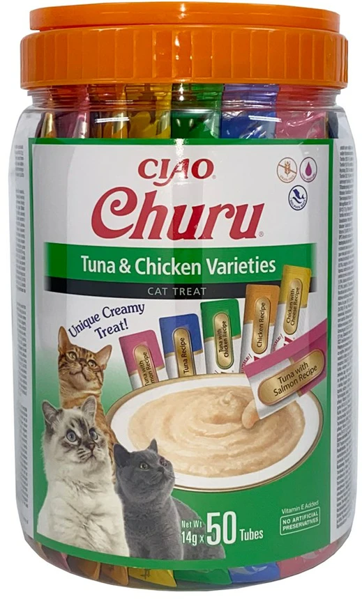 Kačių Priedas - INABA Churu Įvairovės Vištiena ir Tunas 50 x 14g Be Gluteno
