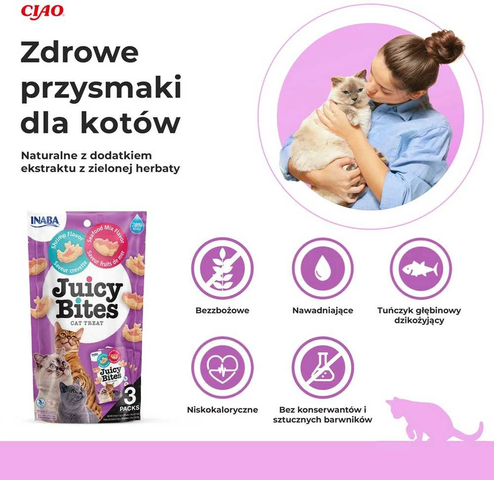 INABA Juicy Bites krevetės ir jūros gėrybės - skanėstai katėms - 3x11,3 g