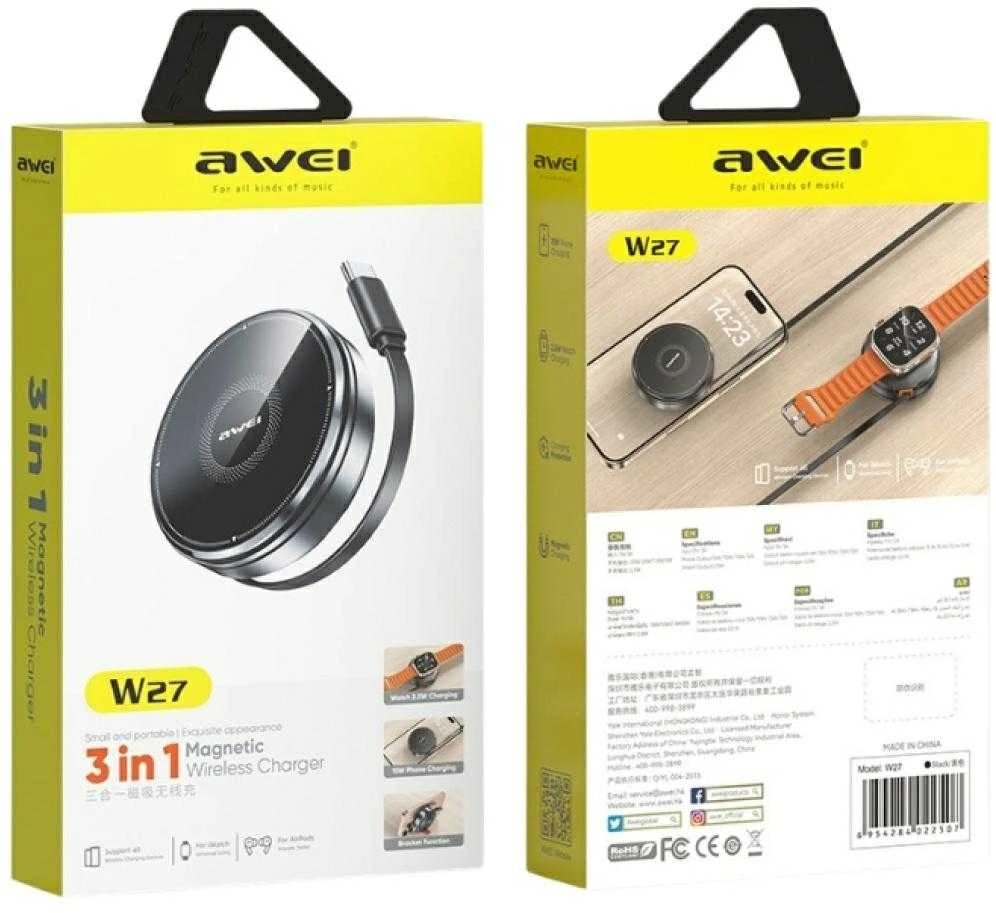 Belaidis įkroviklis 3-in-1 AWEI W27 15W with USB-C cable Fast Charging juodos spalvos