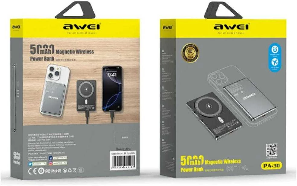 Induction powerbank Awei PA-30 5000mAh MagSafe pilkos spalvos