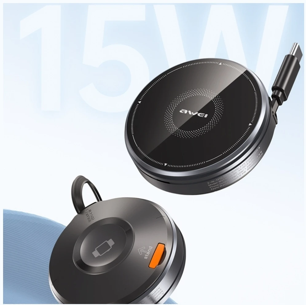 Belaidis įkroviklis 3-in-1 AWEI W27 15W with USB-C cable Fast Charging juodos spalvos