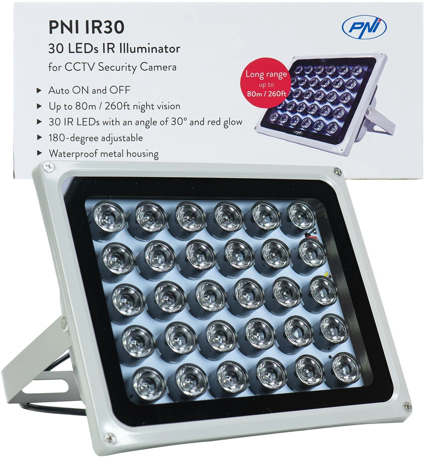 Infraraudonųjų spindulių LED prožektorius PNI IR30 vaizdo kameroms ir CCTV sistemoms, 30 IR LED, atstumas 80 m, IP66