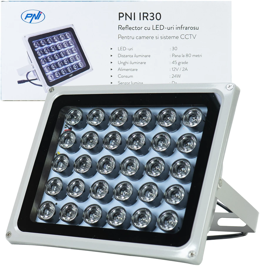 Infraraudonųjų spindulių LED prožektorius PNI IR30 vaizdo kameroms ir CCTV sistemoms, 30 IR LED, atstumas 80 m, IP66