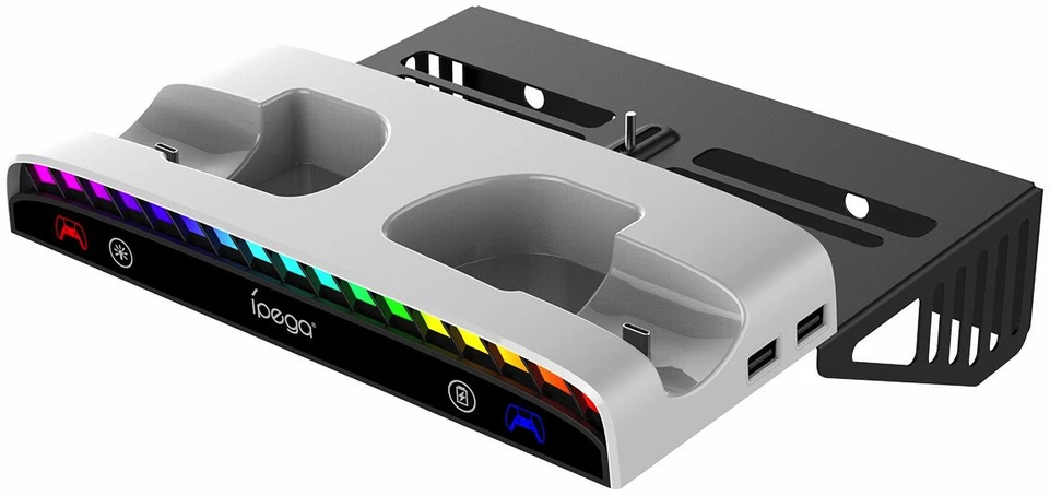iPega P5S011 sieninis stovas, skirtas PS5/PS5 Slim/PS5 Pro, su dvigubo įkrovimo doku, skirtu PS5 valdikliams