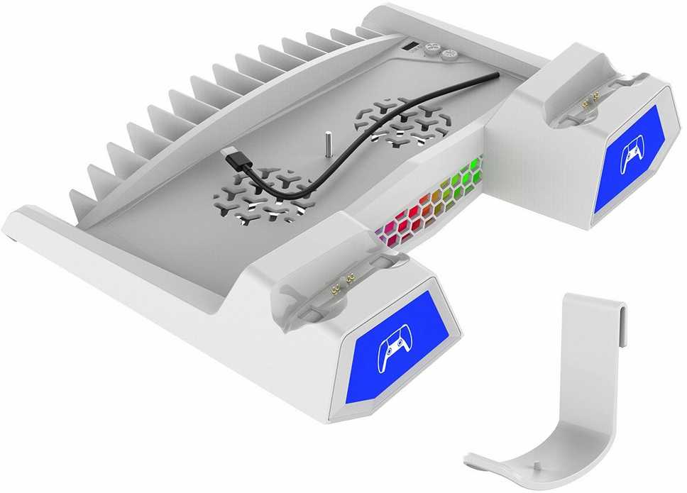 iPega P5S023 daugiafunkcis įkrovimo RGB stovas su aušinimu, skirtas PS5/PS5 plonas baltas