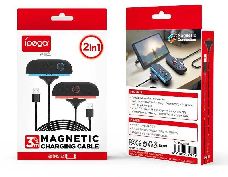 „iPega SW2119A“ įkrovimo laidas (3 m, 2 vnt.), skirtas „JoyCon“ valdikliui „Nintendo Switch 2“, raudonas/mėlynas