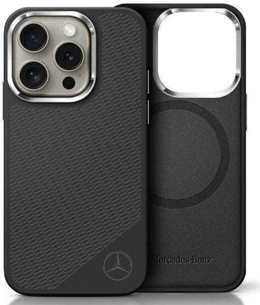 Mercedes MEHMP16L23SUGDK Apple iPhone 16 Pro 6.3″ juodos spalvos kietas dėklas Silicone Tonal Logo Wood Pattern MagSafe
