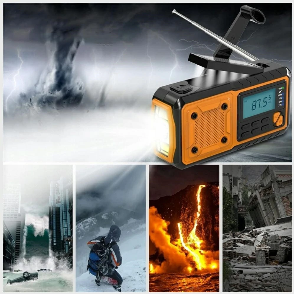 Feegar IPX3 AM/FM avarinis radijas su rankiniu švaistikliu, žibintuvėliu, išorine baterija ir saulės baterija