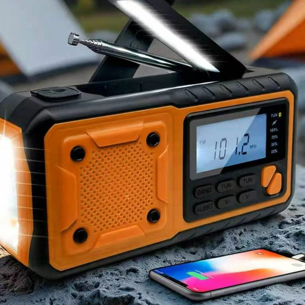 Feegar IPX3 AM/FM avarinis radijas su rankiniu švaistikliu, žibintuvėliu, išorine baterija ir saulės baterija