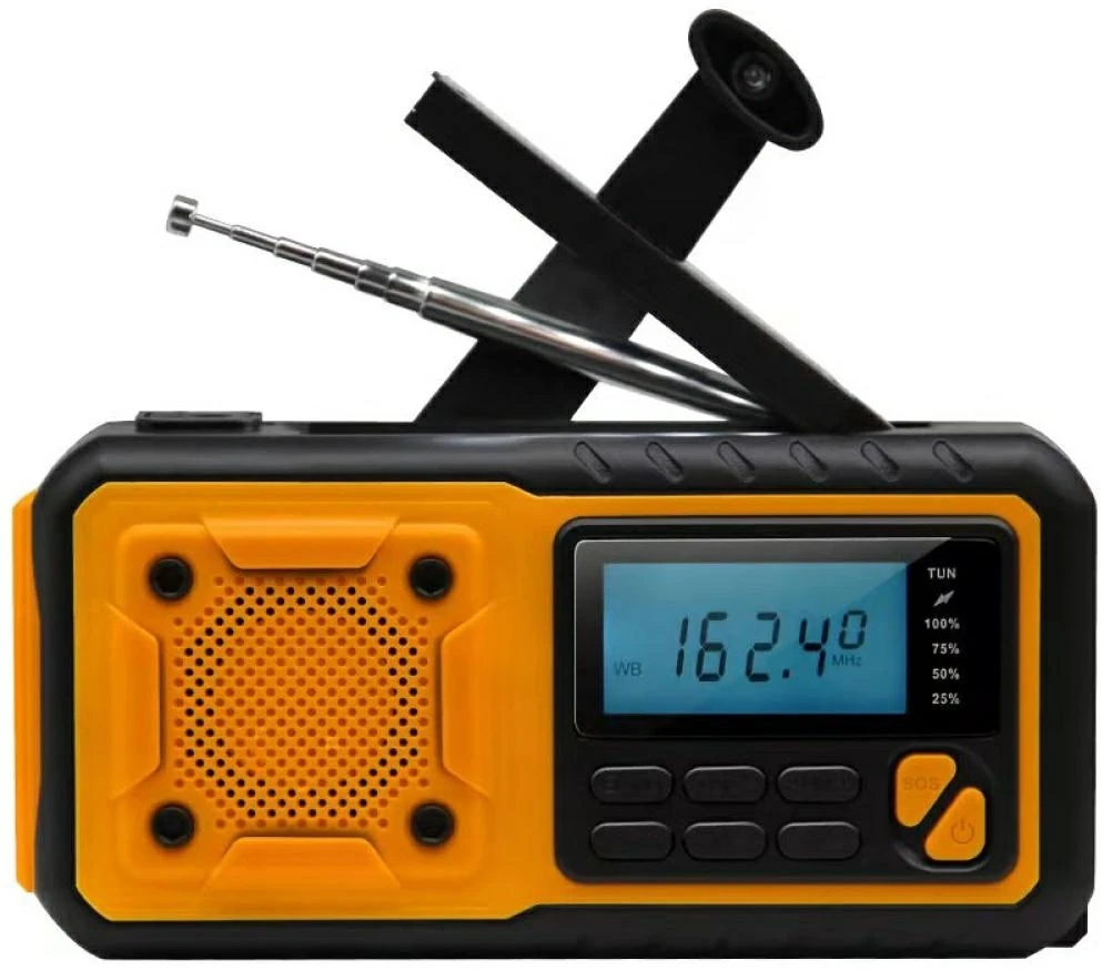 Feegar IPX3 AM/FM avarinis radijas su rankiniu švaistikliu, žibintuvėliu, išorine baterija ir saulės baterija