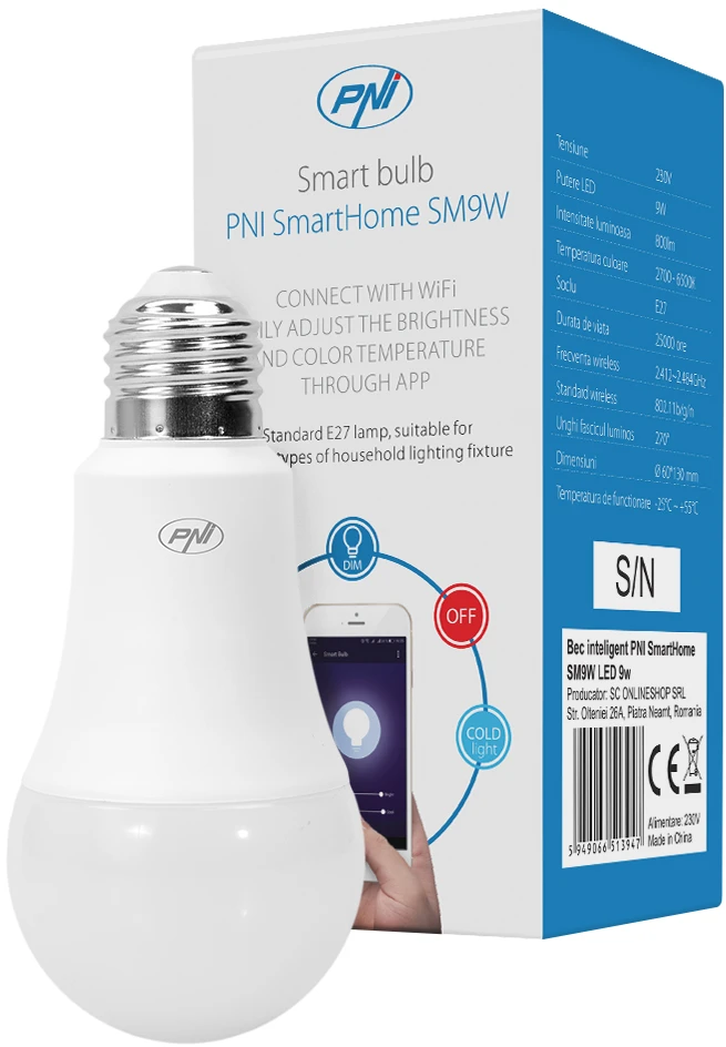 Išmanioji PNI SmartHome SM9W 9W LED lemputė su reguliuojamu apšvietimu, programuojama, suderinama su WiFi, Google Home, Alexa