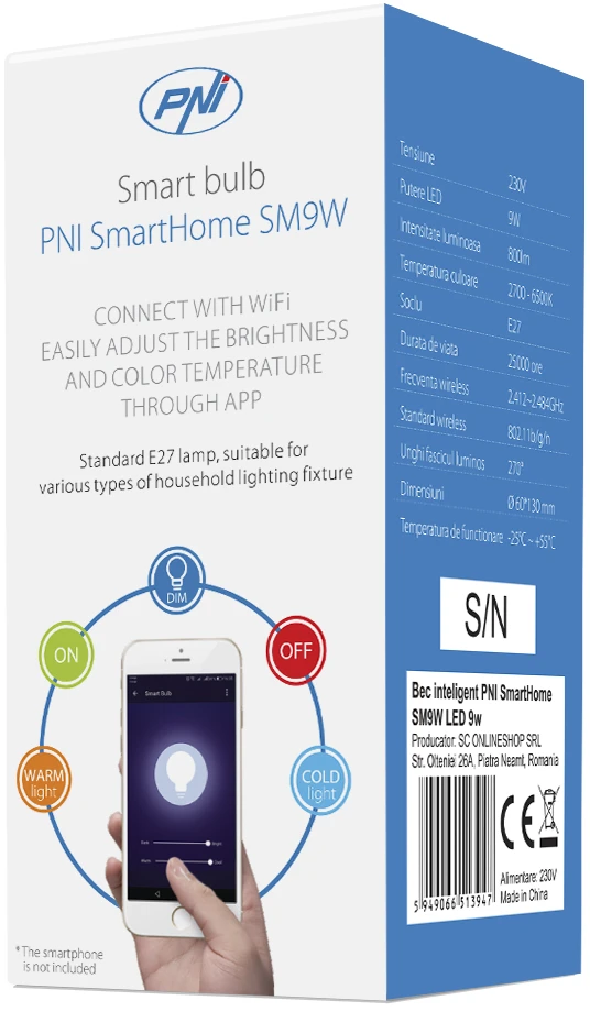 Išmanioji PNI SmartHome SM9W 9W LED lemputė su reguliuojamu apšvietimu, programuojama, suderinama su WiFi, Google Home, Alexa