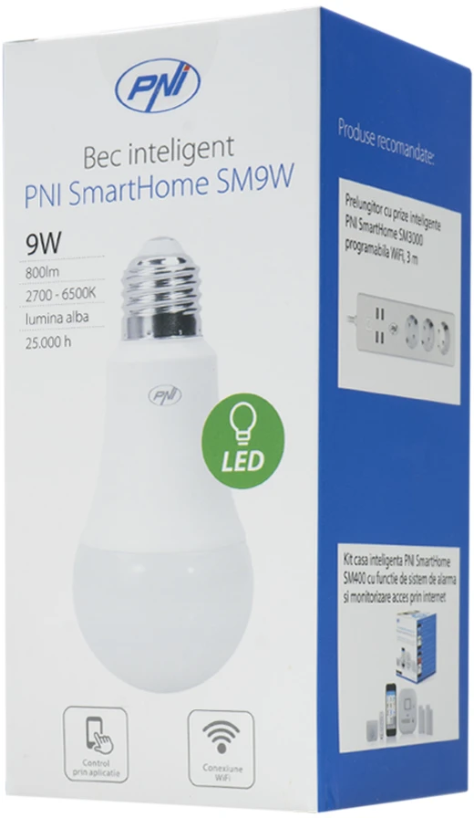 Išmanioji PNI SmartHome SM9W 9W LED lemputė su reguliuojamu apšvietimu, programuojama, suderinama su WiFi, Google Home, Alexa