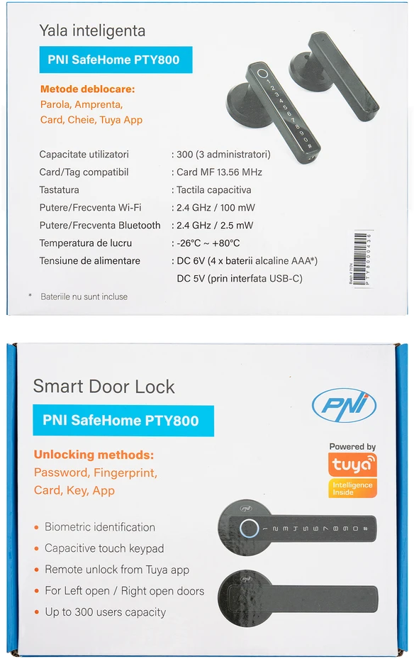 Išmanioji spyna Yala PNI SafeHome PTY800 su pirštų atspaudų skaitytuvu, kodu, „Tuya Smart“ programėle, „Bluetooth“