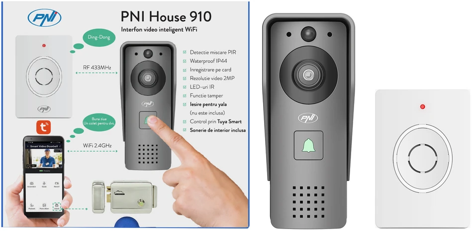 Išmanioji vaizdo telefonspynė PNI House 910 WiFi HD, P2P, yala išvestis, skirta Tuya Smart programėlė, integracija į scenarijus ir išmanioji automatizacija su kitais Tuya suderinamais produktais
