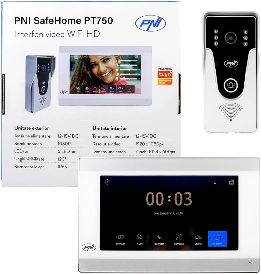 Išmanioji vaizdo telefonspynė PNI SafeHome PT750 WiFi, Full HD 2MP 1080P raiška, P2P, vidaus monitorius, skirta „Tuya Smart“ programėlė, integracija į scenarijus ir išmaniąsias automatizacijas su kitais suderinamais „Tuya“ produktais
