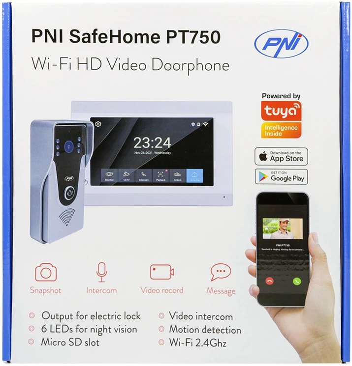 Išmanioji vaizdo telefonspynė PNI SafeHome PT750 WiFi, Full HD 2MP 1080P raiška, P2P, vidaus monitorius, skirta „Tuya Smart“ programėlė, integracija į scenarijus ir išmaniąsias automatizacijas su kitais suderinamais „Tuya“ produktais