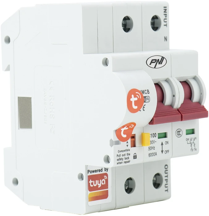 Išmanusis automatinis saugiklis PNI SafeHome PT802P WiFi, 3P, 100A, valdymas internetu, mobilioji programėlė Tuya Smart, integracija į scenarijus ir išmanioji automatizacija su kitais suderinamais Tuya, Alexa ir Google Assistant produktais