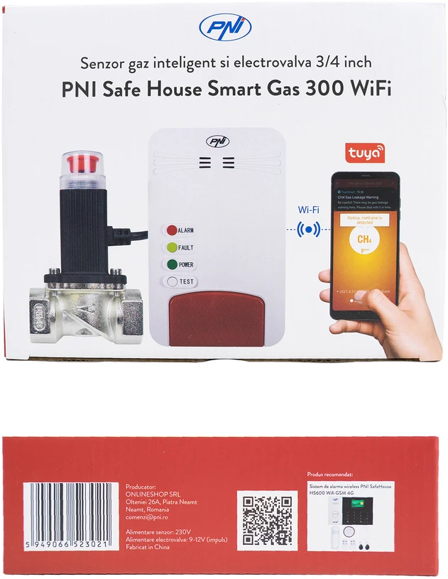 Išmanusis dujų jutiklių rinkinys ir PNI Safe House Smart Gas 300 WiFi solenoidinis vožtuvas su garsiniu įspėjimu, Tuya Smart mobilioji programėlė, integracija į išmaniuosius scenarijus ir automatizavimas su kitais suderinamais Tuya, Alexa ir Google Assistant produktais