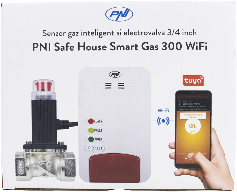 Išmanusis dujų jutiklių rinkinys ir PNI Safe House Smart Gas 300 WiFi solenoidinis vožtuvas su garsiniu įspėjimu, Tuya Smart mobilioji programėlė, integracija į išmaniuosius scenarijus ir automatizavimas su kitais suderinamais Tuya, Alexa ir Google Assistant produktais