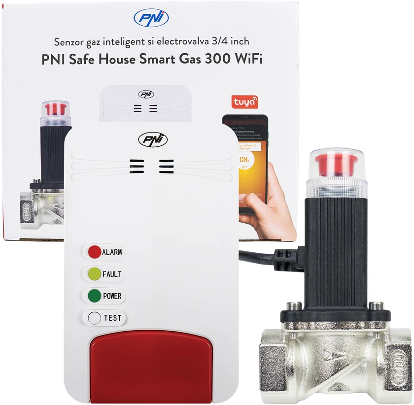 Išmanusis dujų jutiklių rinkinys ir PNI Safe House Smart Gas 300 WiFi solenoidinis vožtuvas su garsiniu įspėjimu, Tuya Smart mobilioji programėlė, integracija į išmaniuosius scenarijus ir automatizavimas su kitais suderinamais Tuya, Alexa ir Google Assistant produktais
