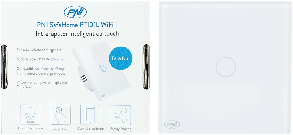 Išmanusis jungiklis PNI SafeHome PT101L WiFi jutiklinis, 10A, valdymas per „Tuya Smart“ programėlę, suderinamas su „Alexa“ ir „Google Assistant“ – su fazės laidu, be nulio