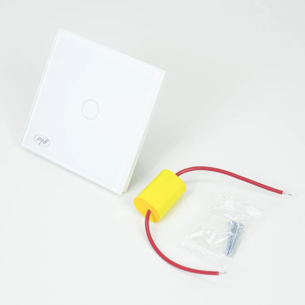 Išmanusis jungiklis PNI SafeHome PT101L WiFi jutiklinis, 10A, valdymas per „Tuya Smart“ programėlę, suderinamas su „Alexa“ ir „Google Assistant“ – su fazės laidu, be nulio