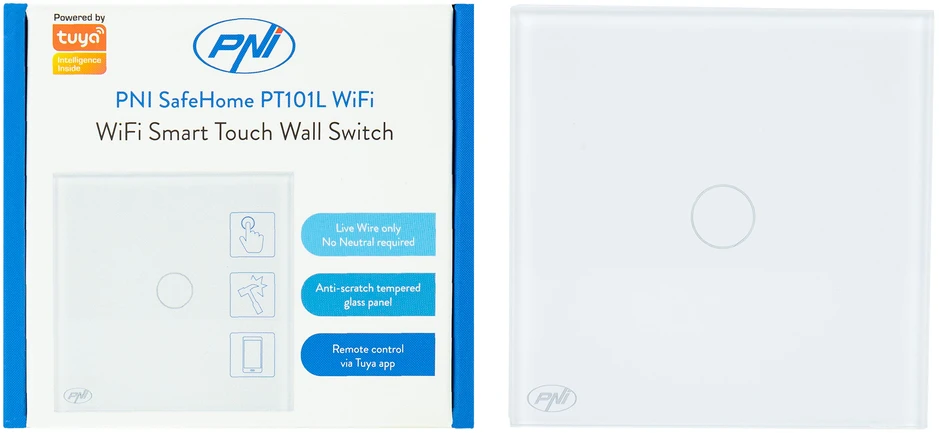 Išmanusis jungiklis PNI SafeHome PT101L WiFi jutiklinis, 10A, valdymas per „Tuya Smart“ programėlę, suderinamas su „Alexa“ ir „Google Assistant“ – su fazės laidu, be nulio