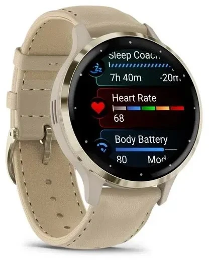 Išmanusis laikrodis Garmin Venu® 3S Šviesaus aukso spalvos nerūdijančiojo plieno apvadas su žalsvai pilkos spalvos korpusu ir odiniu dirželiu